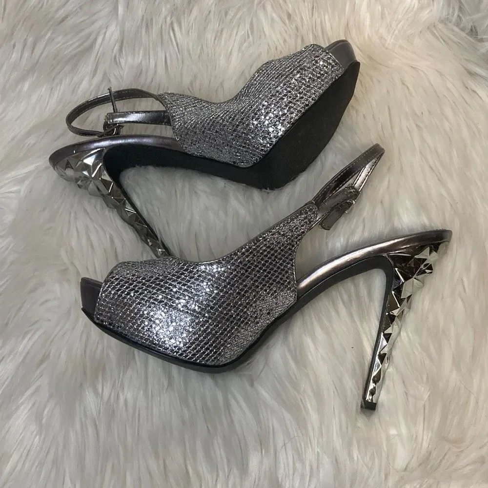 Silver Metallic Peep-Toe Slingback High Heels